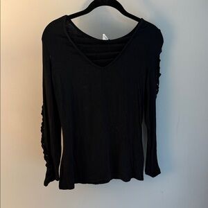 VENUS Black Long Sleeve V-Neck Top with Ladder Back and Sleeve Accents